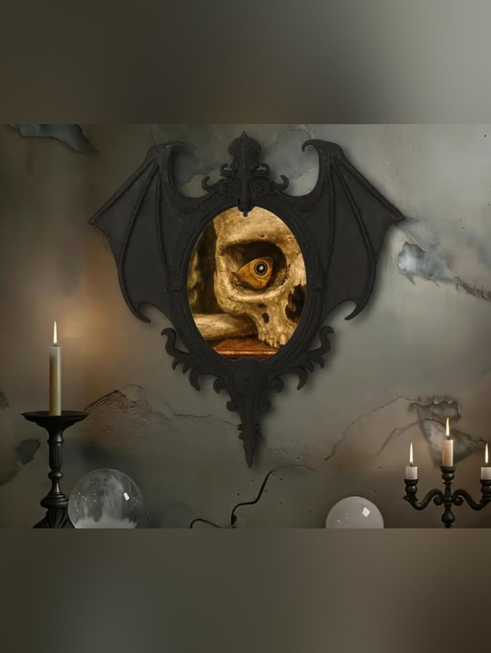 Gothic Bat Wing Resin Frame with Skull Art - Black